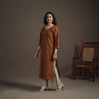 Hand Embroidered Jacquard Cotton Straight Long Kurta for Women 12