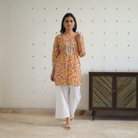 Yellow Block Printed Cotton Gota Work Short Sanganeri Kurta