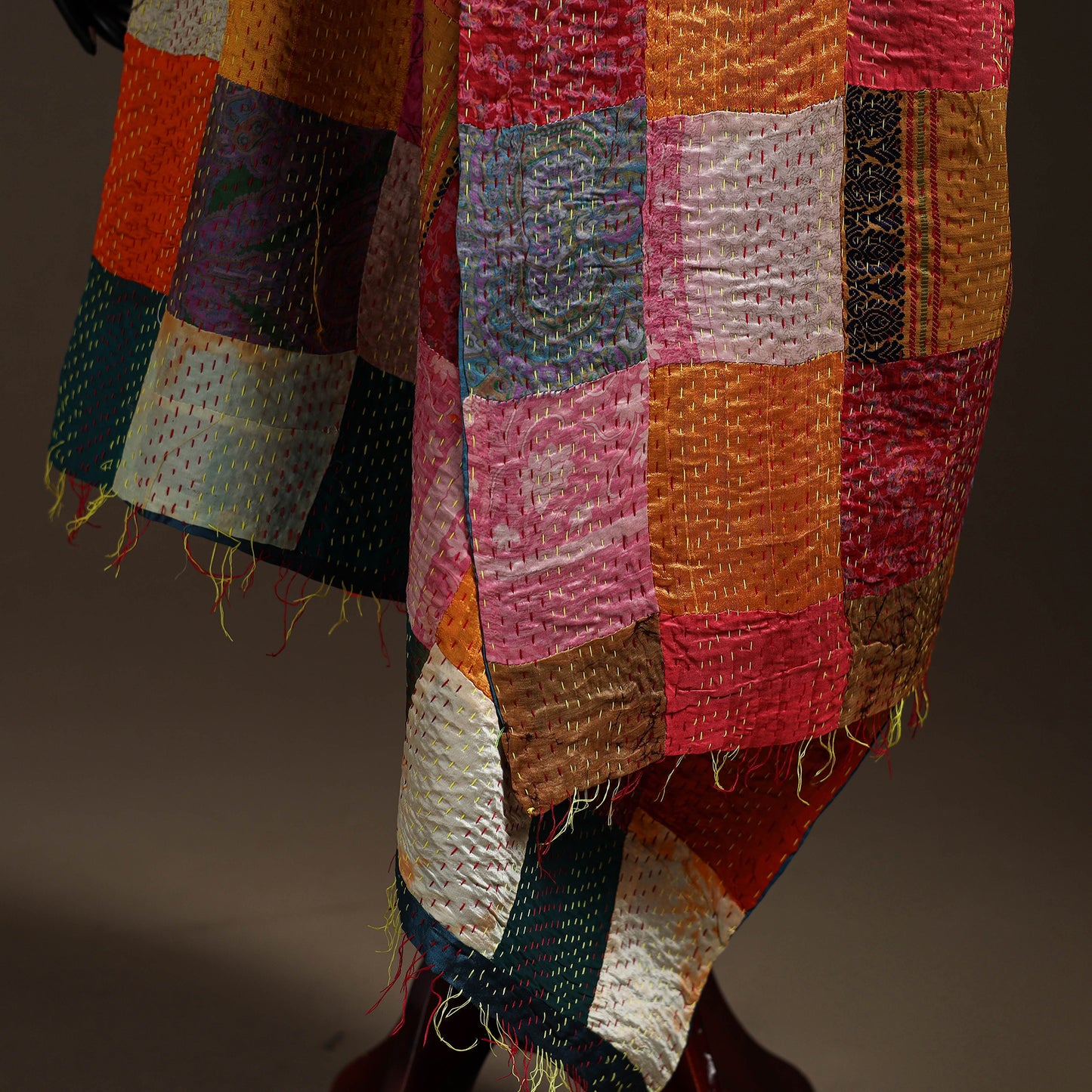 Multicolor - Bengal Hand Embroidery Patchwork Reversible Silk Kantha Dupatta 66