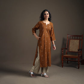 Hand Embroidered Jacquard Cotton Straight Long Kurta for Women 12