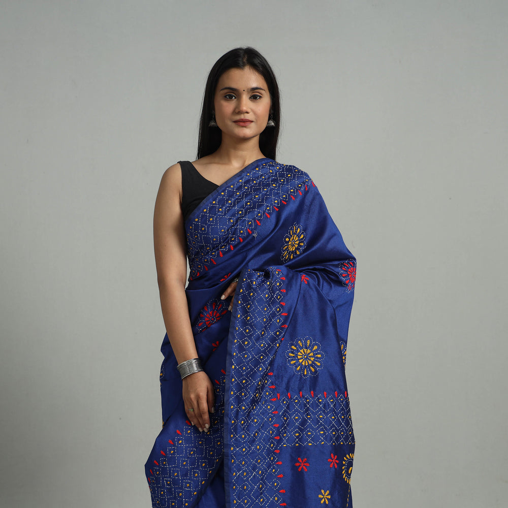 Blue - Handcrafted Bengal Nakshi Kantha Work Silk Saree 42