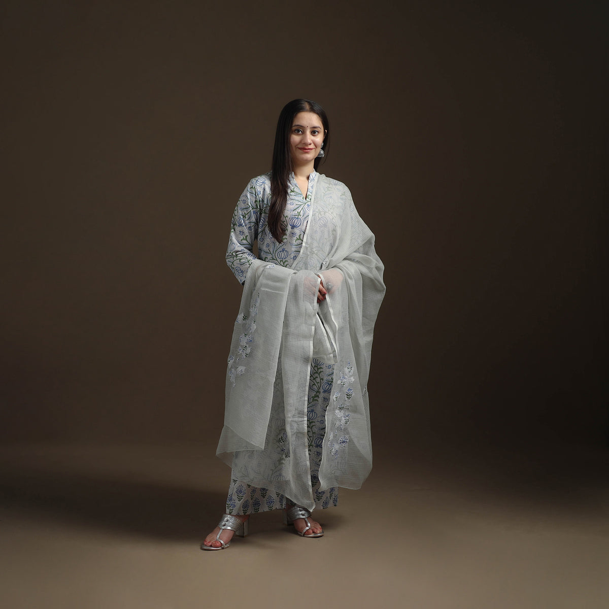 Sanganeri Floral Print Cotton Suit Set with Applique Dupatta for Women 03