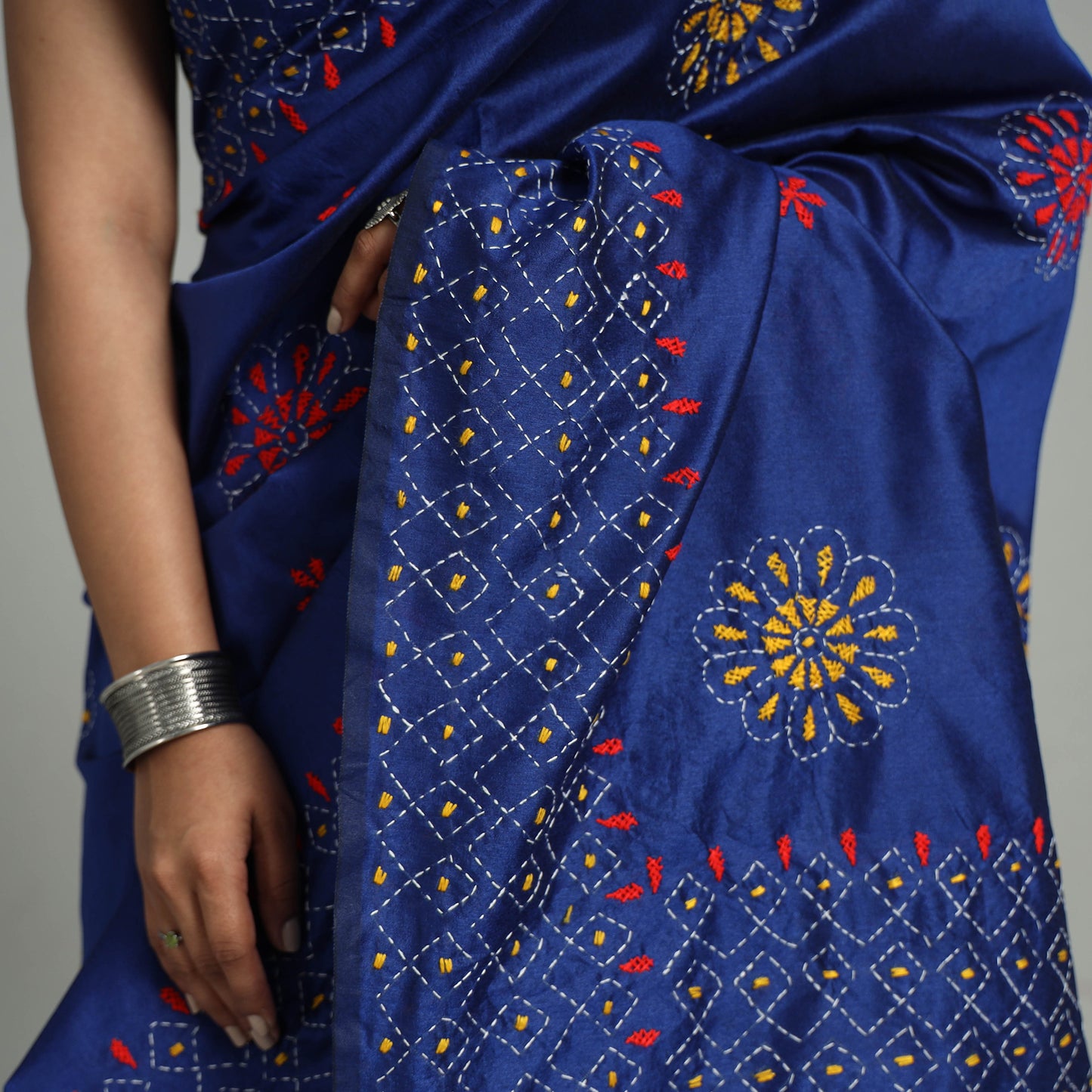 Blue - Handcrafted Bengal Nakshi Kantha Work Silk Saree 42