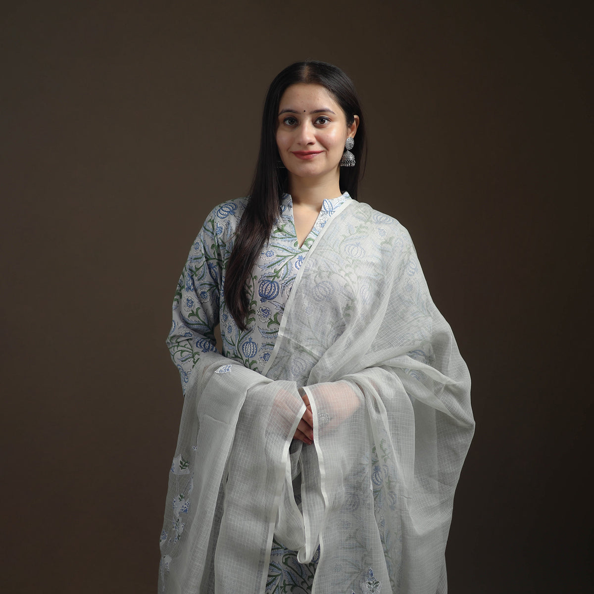 Sanganeri Floral Print Cotton Suit Set with Applique Dupatta for Women 03