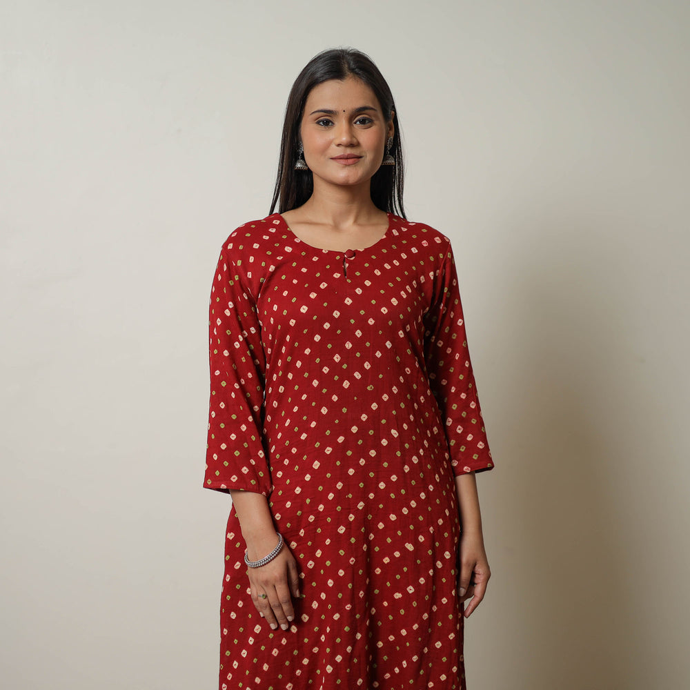 Red - Tie & dye Cotton Straight Bandhani Kurta 08