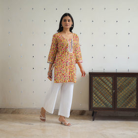 Yellow Block Printed Cotton Gota Work Short Sanganeri Kurta