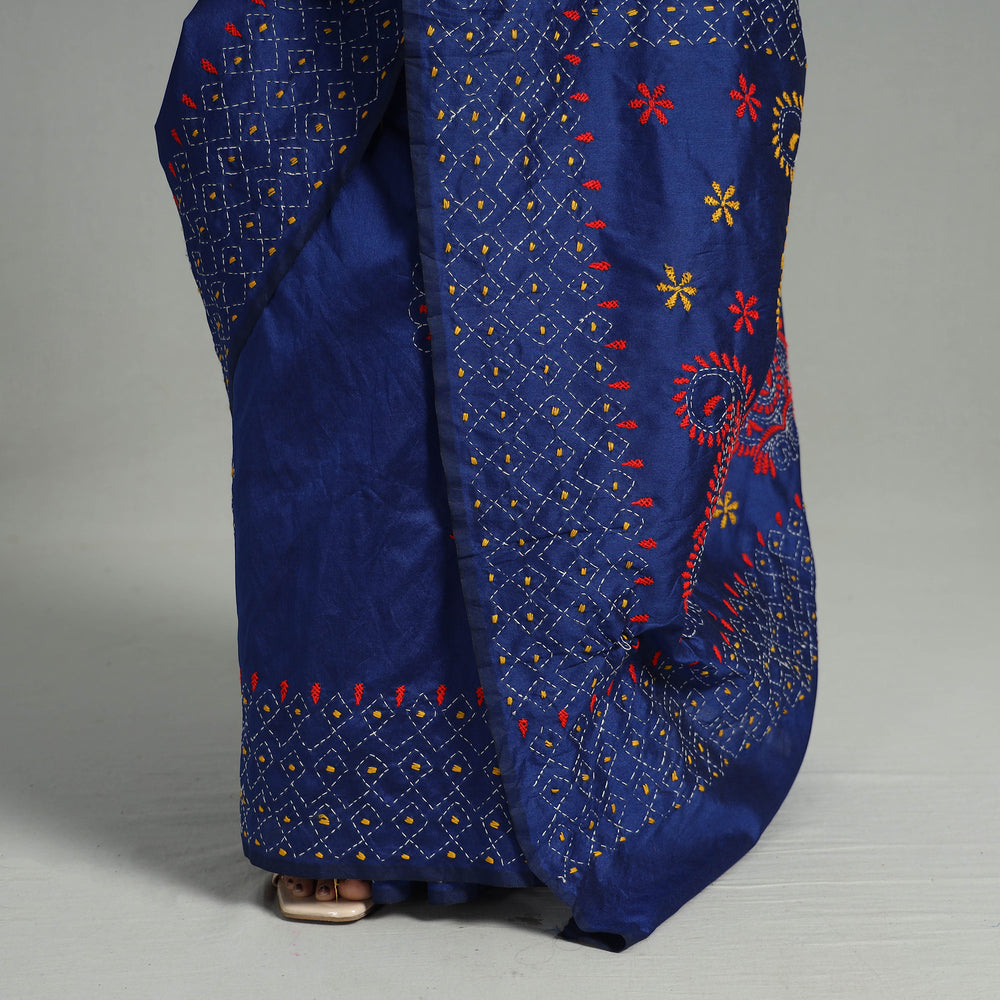 Blue - Handcrafted Bengal Nakshi Kantha Work Silk Saree 42