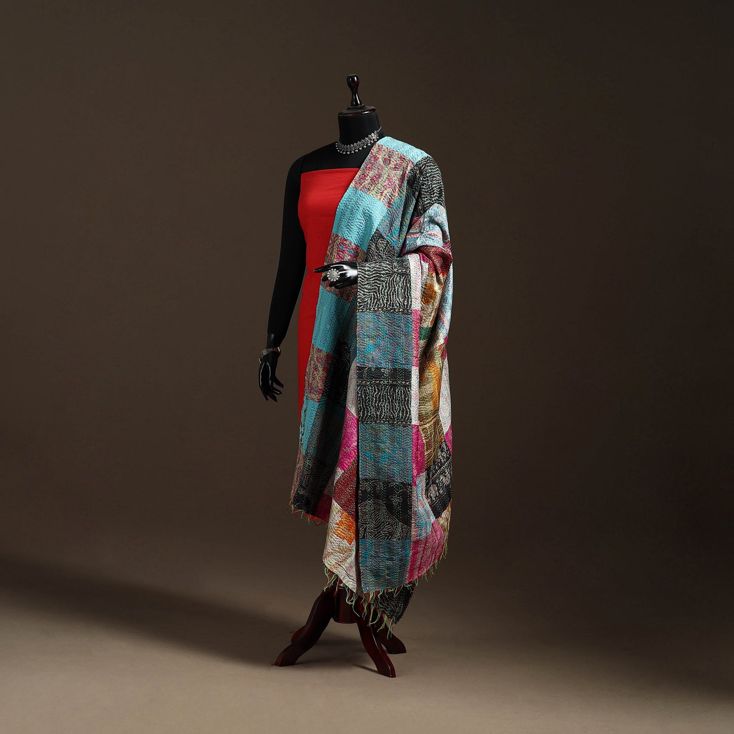 Multicolor - Bengal Hand Embroidery Patchwork Reversible Silk Kantha Dupatta 67