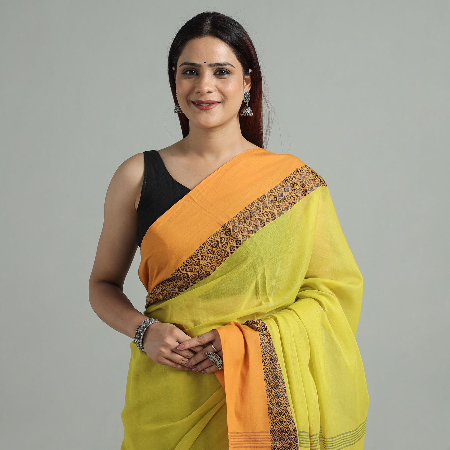 Yellow - Bengal Woven Border Handloom Pure Cotton Saree 53