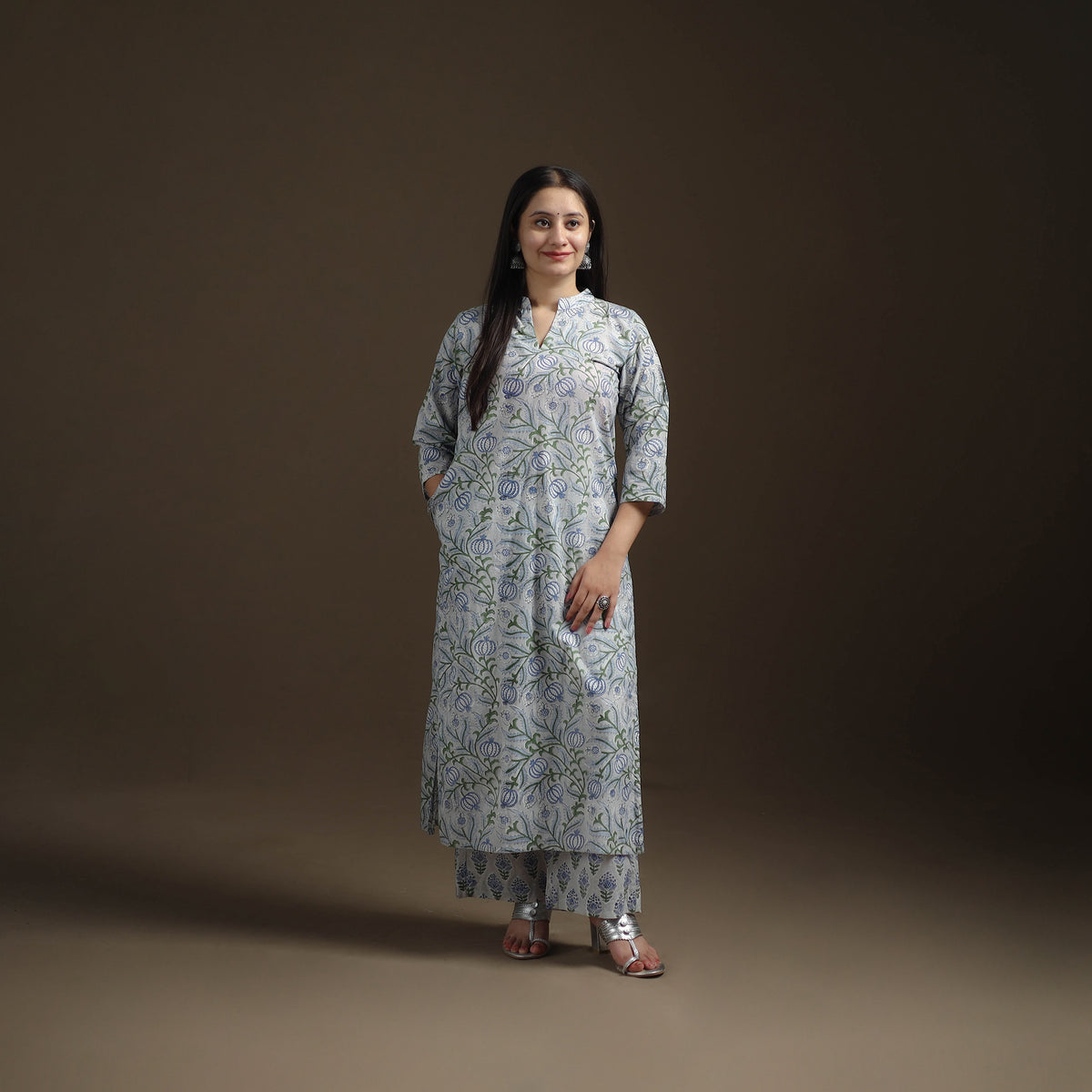 Sanganeri Floral Print Cotton Suit Set with Applique Dupatta for Women 03