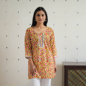 Yellow Block Printed Cotton Gota Work Short Sanganeri Kurta