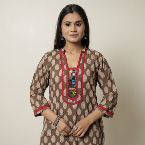 Brown - Akola Hand Block Printed Cotton Straight Kurta with Kutch Embroidery Patchwork 34