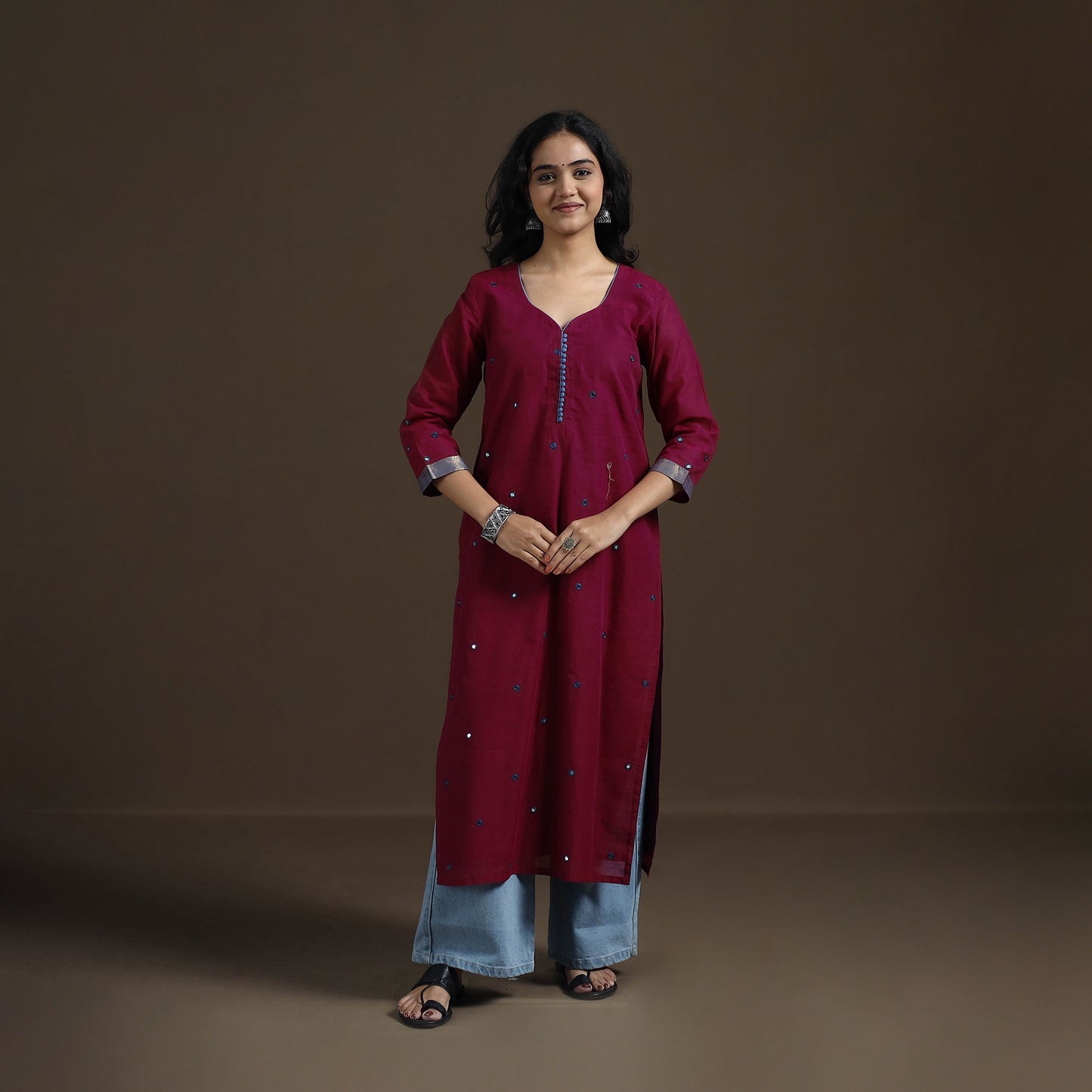 Mangalagiri Pure Handwoven Cotton Mirror Work Straight Kurta for women 27
