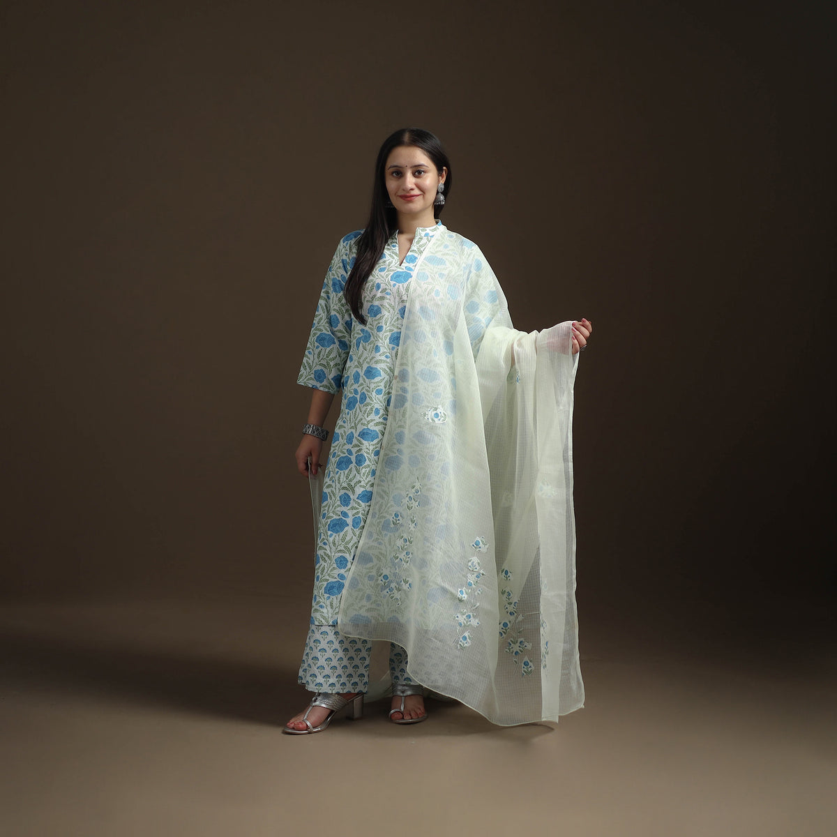 Sanganeri Floral Print Cotton Suit Set with Applique Dupatta for Women 02