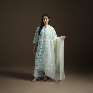 Sanganeri Floral Print Cotton Suit Set with Applique Dupatta for Women 02