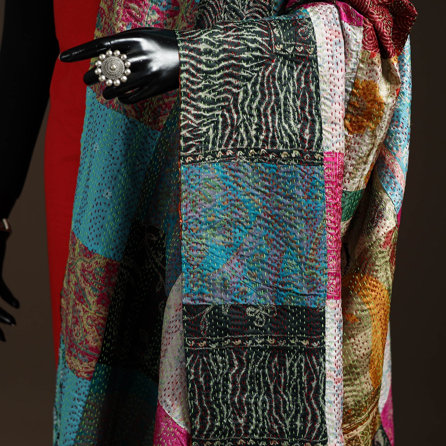 Multicolor - Bengal Hand Embroidery Patchwork Reversible Silk Kantha Dupatta 67