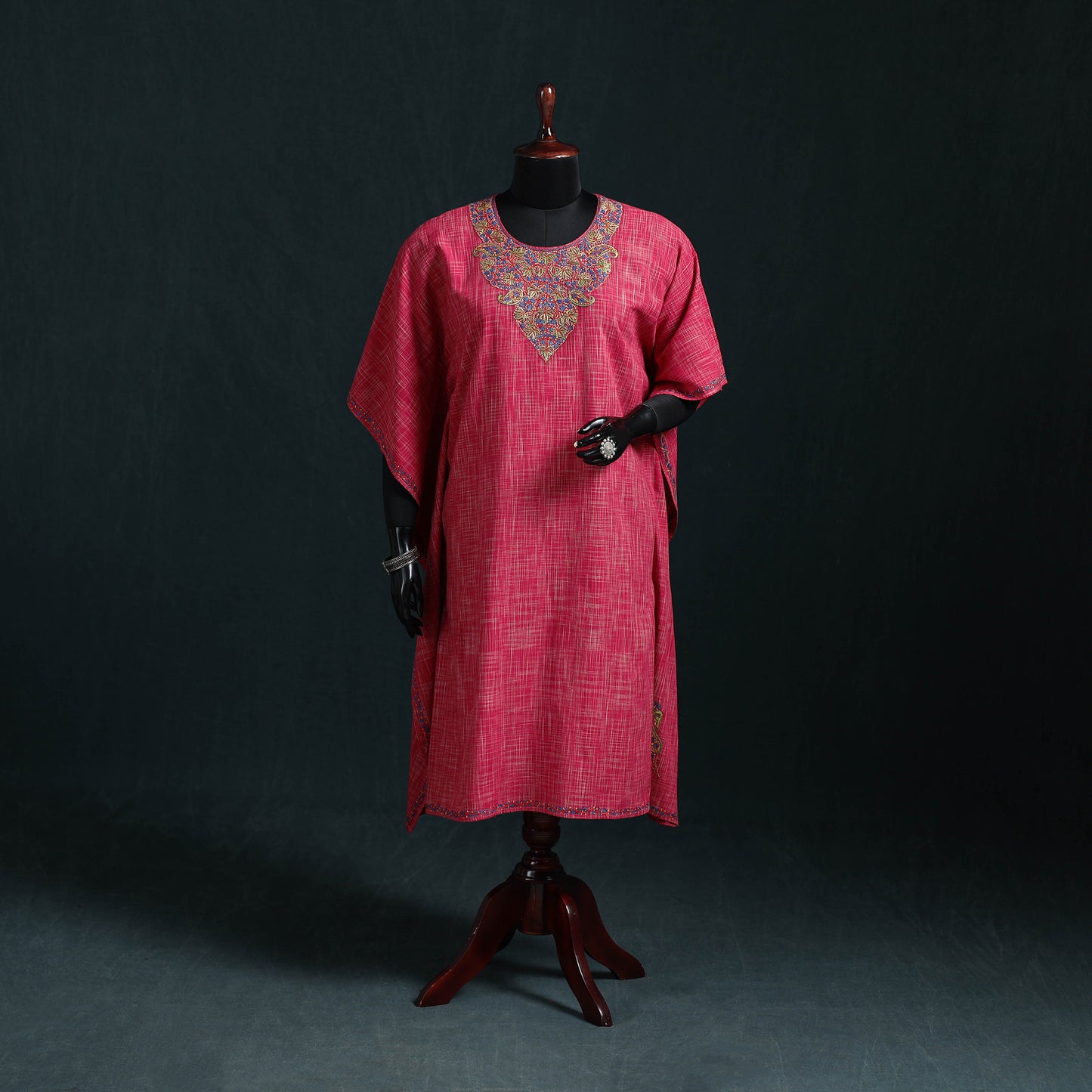 Pink - Kashmiri Sozni Hand Embroidered Cotton Kaftan (Medium) 18
