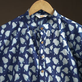 Indigo Bagru Block Print Natural Dyed Cotton Short Men Kurta 04