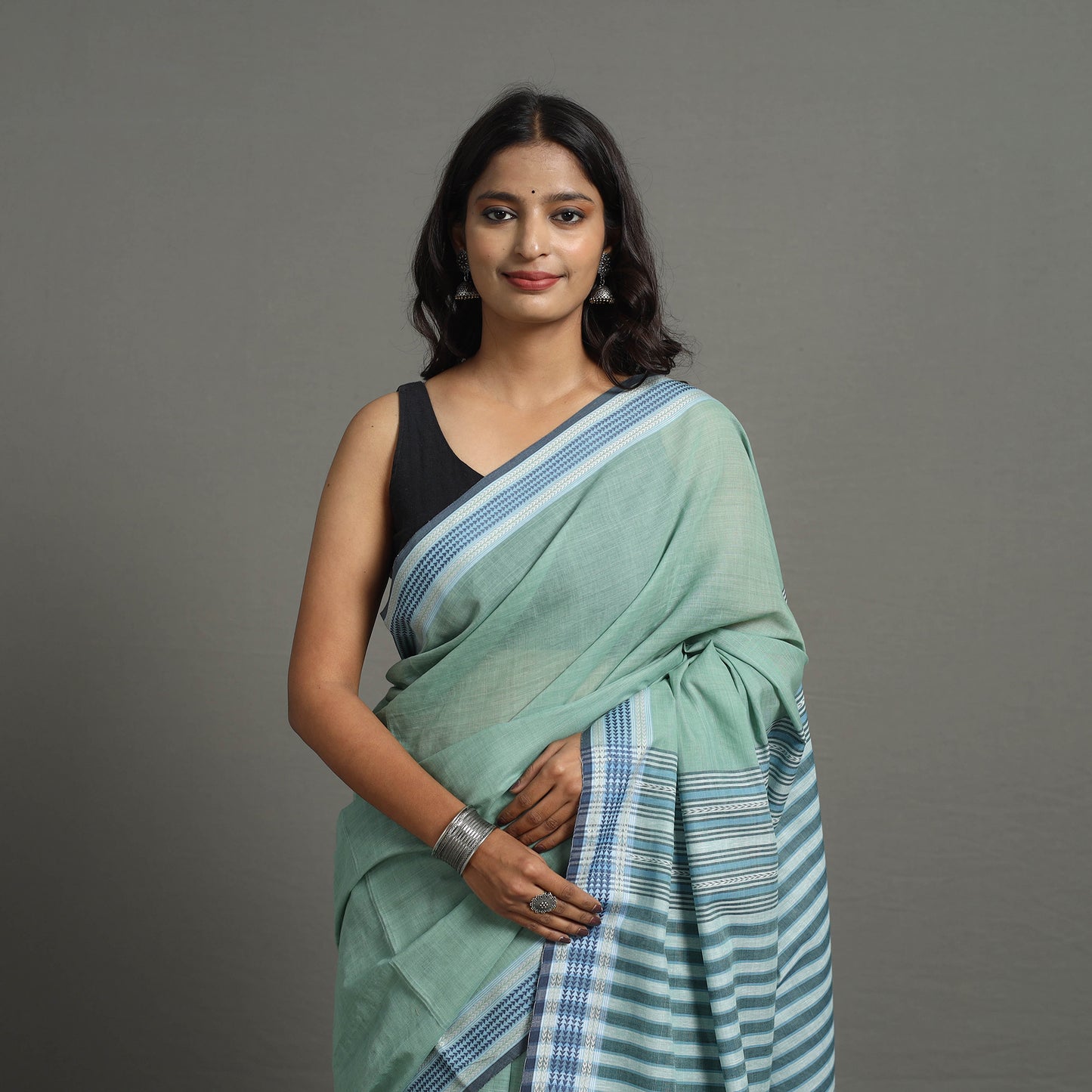 Green - Bengal Handwoven Cotton Plain Begampuri Saree 19