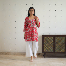 Red Block Printed Cotton Gota Work Short Sanganeri Kurta for Women