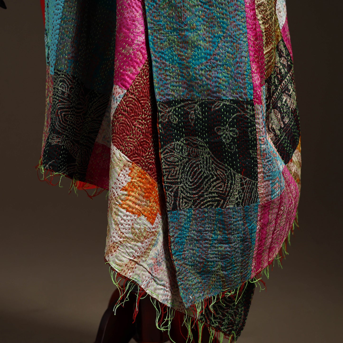 Multicolor - Bengal Hand Embroidery Patchwork Reversible Silk Kantha Dupatta 67