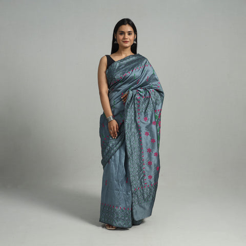 Grey - Handcrafted Bengal Nakshi Kantha Work Silk Saree 44