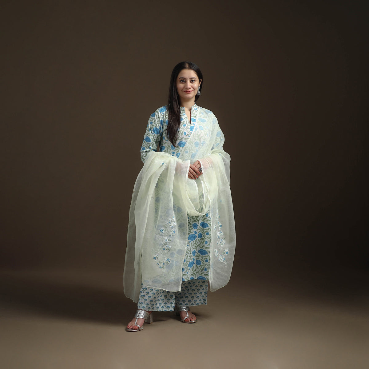 Sanganeri Floral Print Cotton Suit Set with Applique Dupatta for Women 02
