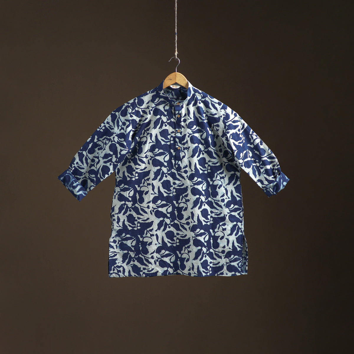 Indigo Bagru Block Print Natural Dyed Cotton Short Men Kurta 09