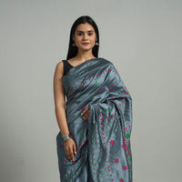 Grey - Handcrafted Bengal Nakshi Kantha Work Silk Saree 44