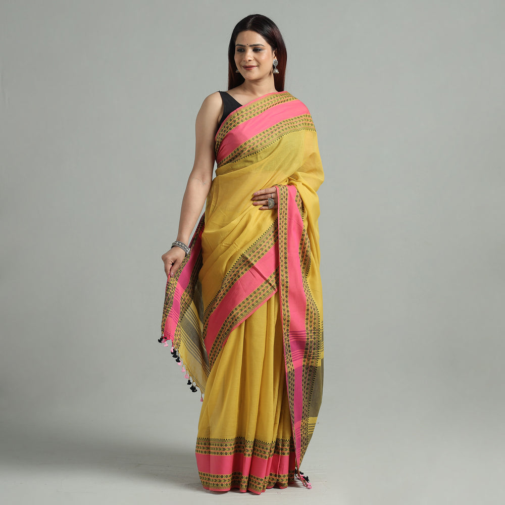 Yellow - Bengal Woven Border Handloom Pure Cotton Saree 54