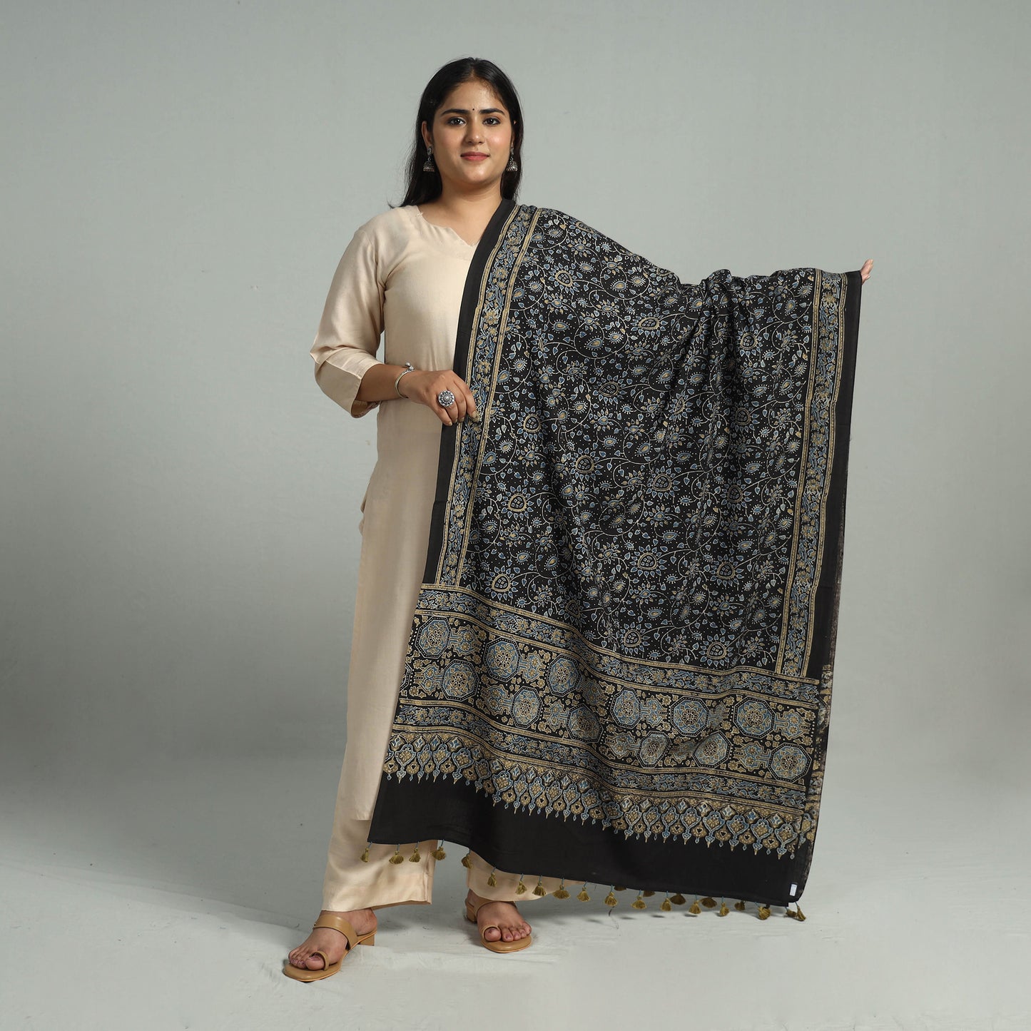 Black - Block Printed Cotton Ajrakh Dupatta with Tassels 05