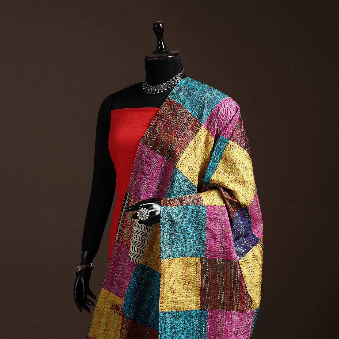 Multicolor - Bengal Hand Embroidery Patchwork Reversible Silk Kantha Dupatta 68