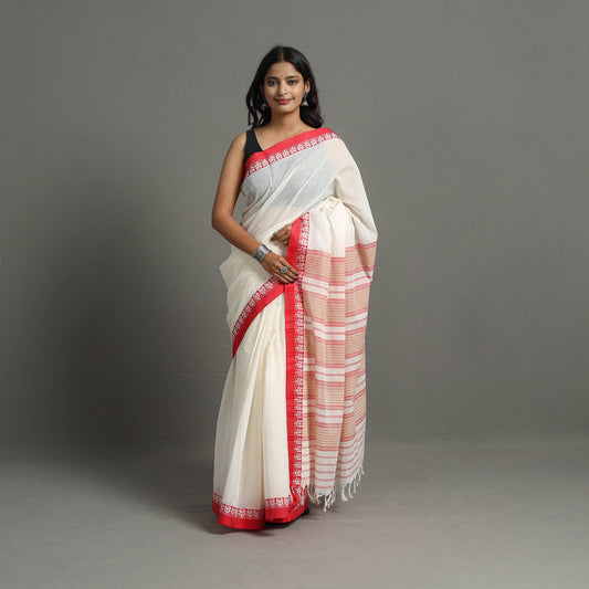 White - Bengal Handwoven Cotton Plain Begampuri Saree 20