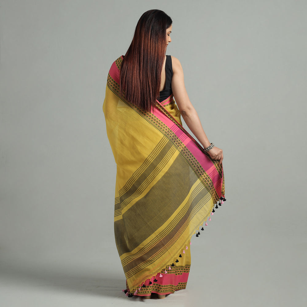 Yellow - Bengal Woven Border Handloom Pure Cotton Saree 54