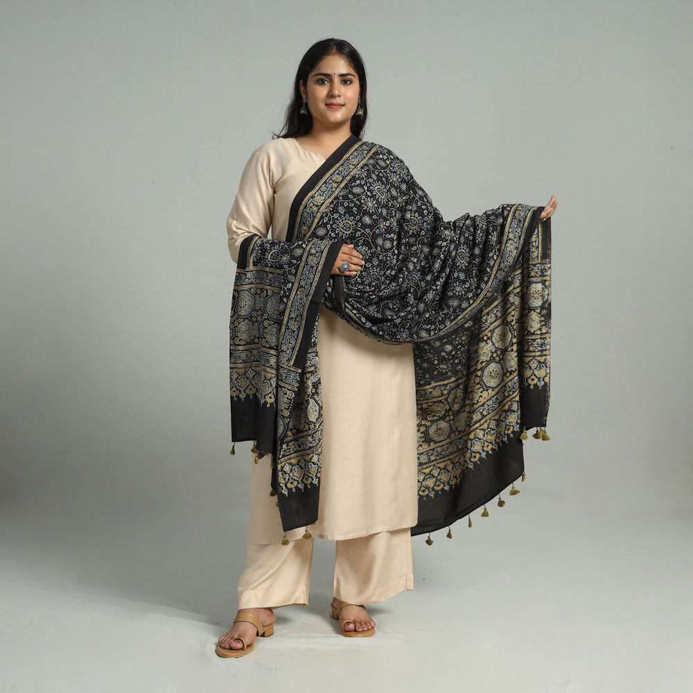 Black - Block Printed Cotton Ajrakh Dupatta with Tassels 05