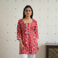Red Block Printed Cotton Gota Work Short Sanganeri Kurta for Women