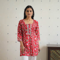 Red - Block Printed Cotton Gota Work Short Sanganeri Kurta 08