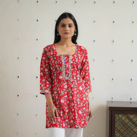 Red Block Printed Cotton Gota Work Short Sanganeri Kurta for Women