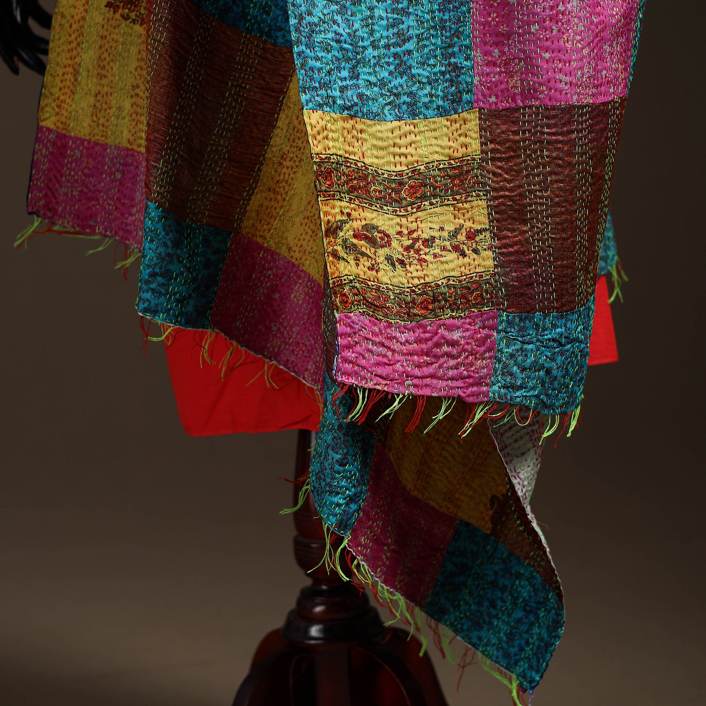 Multicolor - Bengal Hand Embroidery Patchwork Reversible Silk Kantha Dupatta 68