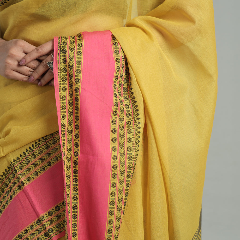 Yellow - Bengal Woven Border Handloom Pure Cotton Saree 54