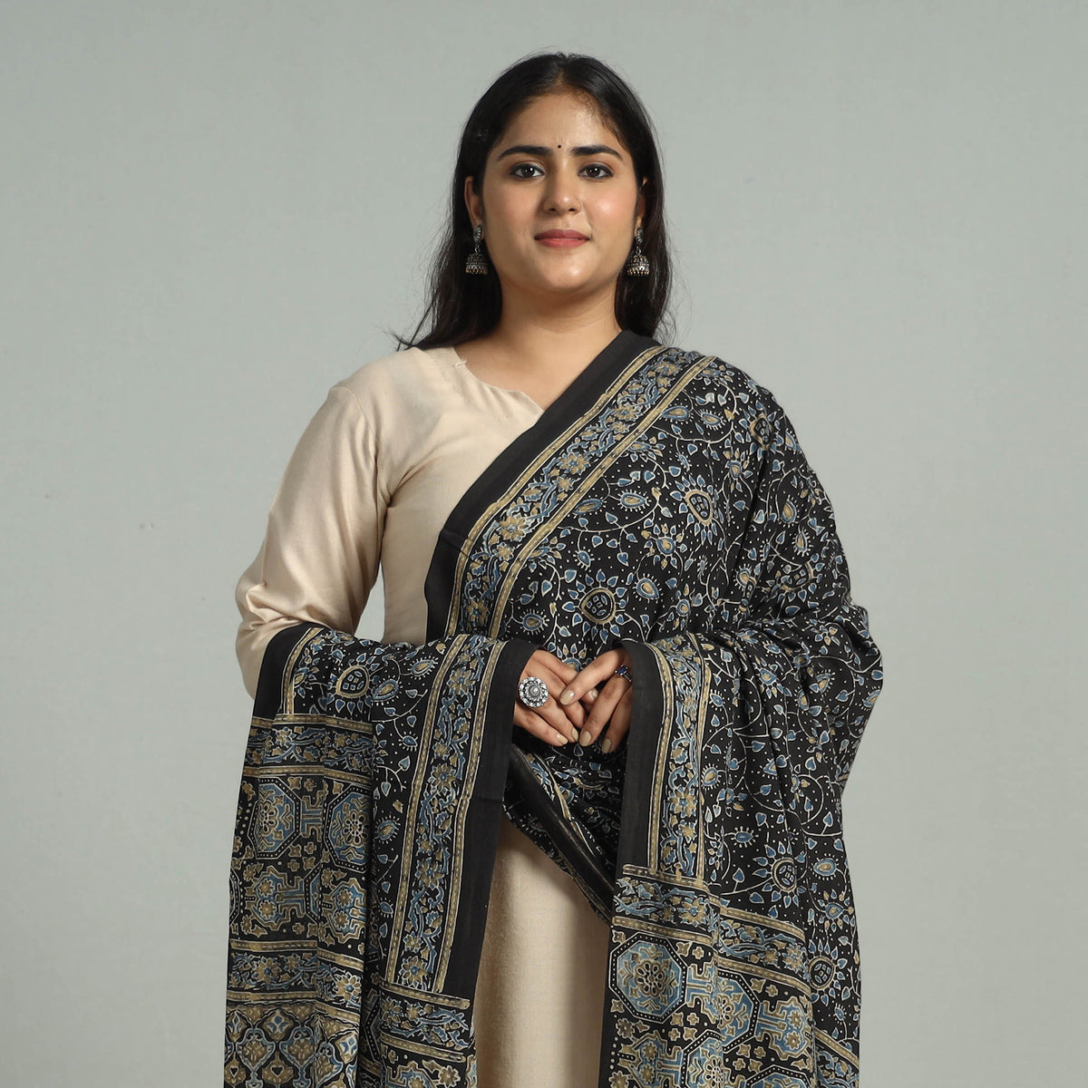 Black - Block Printed Cotton Ajrakh Dupatta with Tassels 05