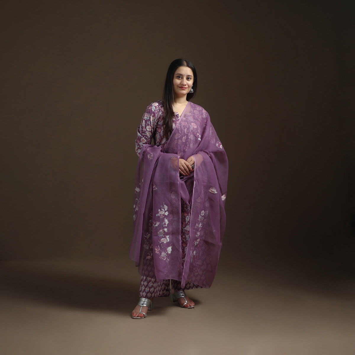Sanganeri Floral Print Cotton Suit Set with Applique Dupatta for Women 06