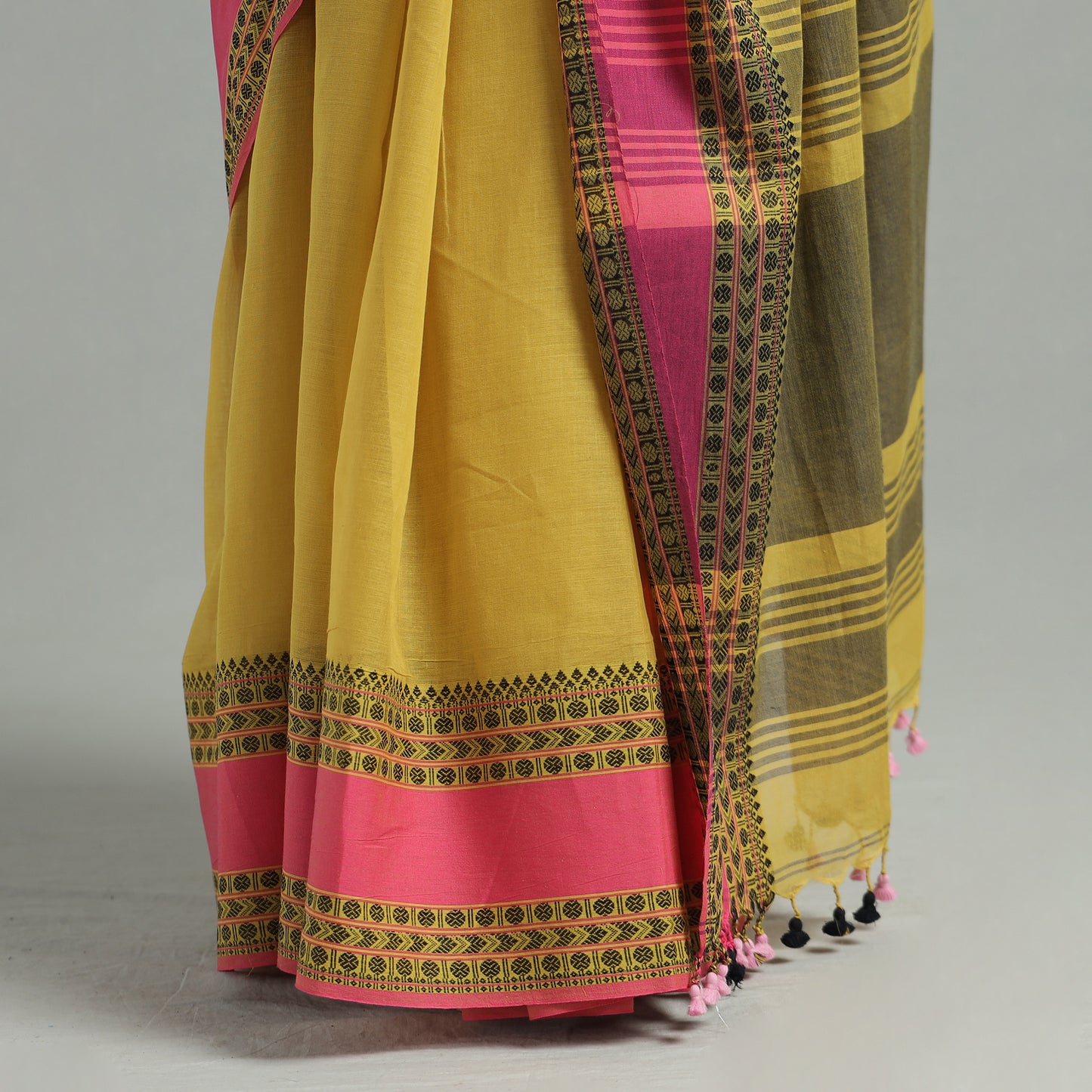 Yellow - Bengal Woven Border Handloom Pure Cotton Saree 54