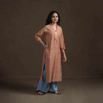 Brown - Mangalagiri Pure Handwoven Cotton Mirror Work Straight Long Kurta for women 11