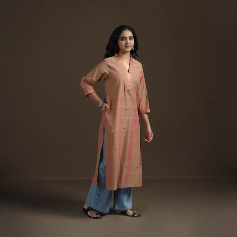 Brown - Mangalagiri Pure Handwoven Cotton Mirror Work Straight Kurta for women 11