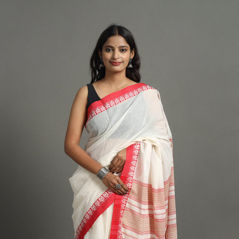 White - Bengal Handwoven Cotton Plain Begampuri Saree 20