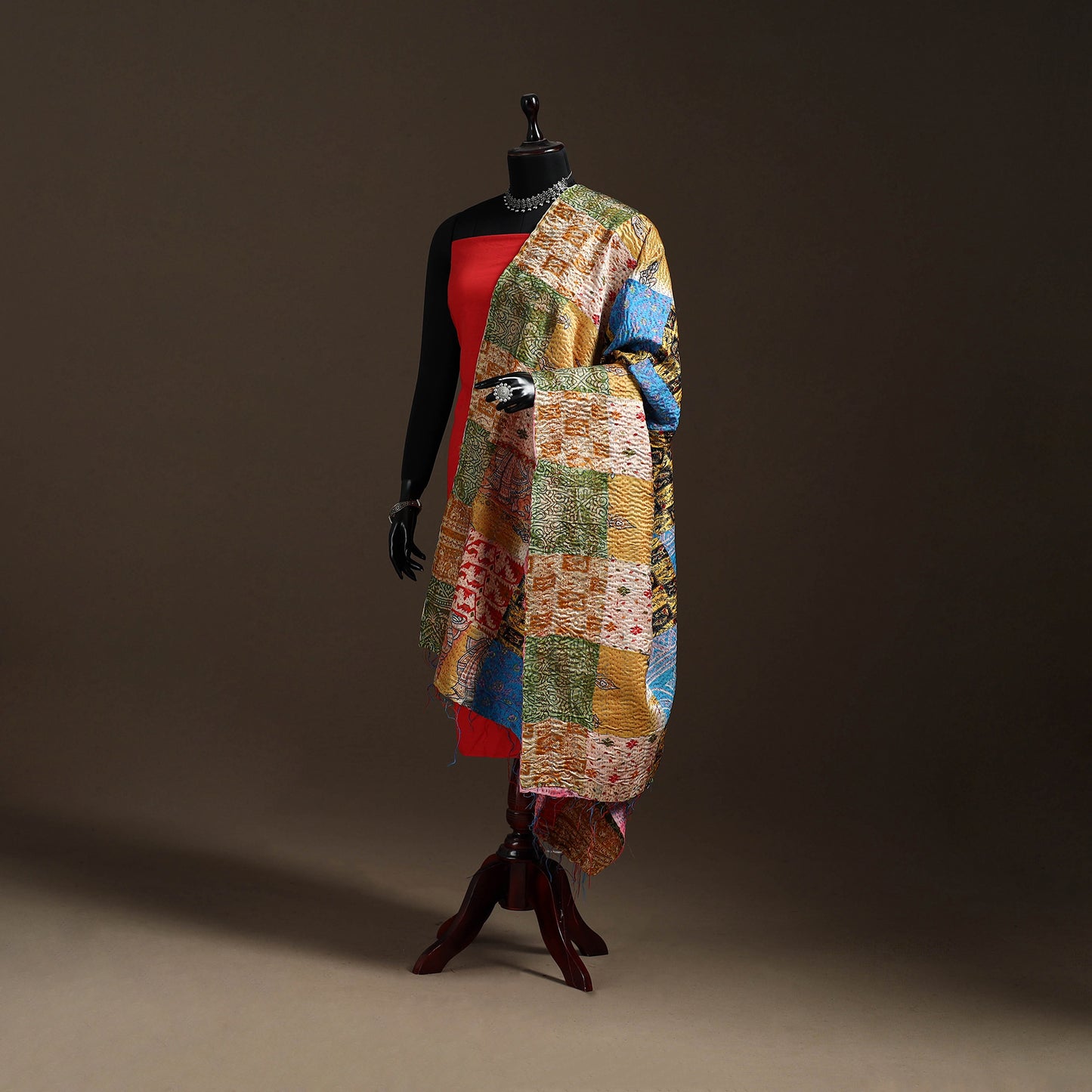 Multicolor - Bengal Hand Embroidery Patchwork Reversible Silk Kantha Dupatta 69