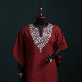 Maroon - Kashmiri Kashida Hand Embroidered Cotton Kaftan (Medium) 19