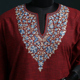 Maroon - Kashmiri Kashida Hand Embroidered Cotton Kaftan (Medium) 19