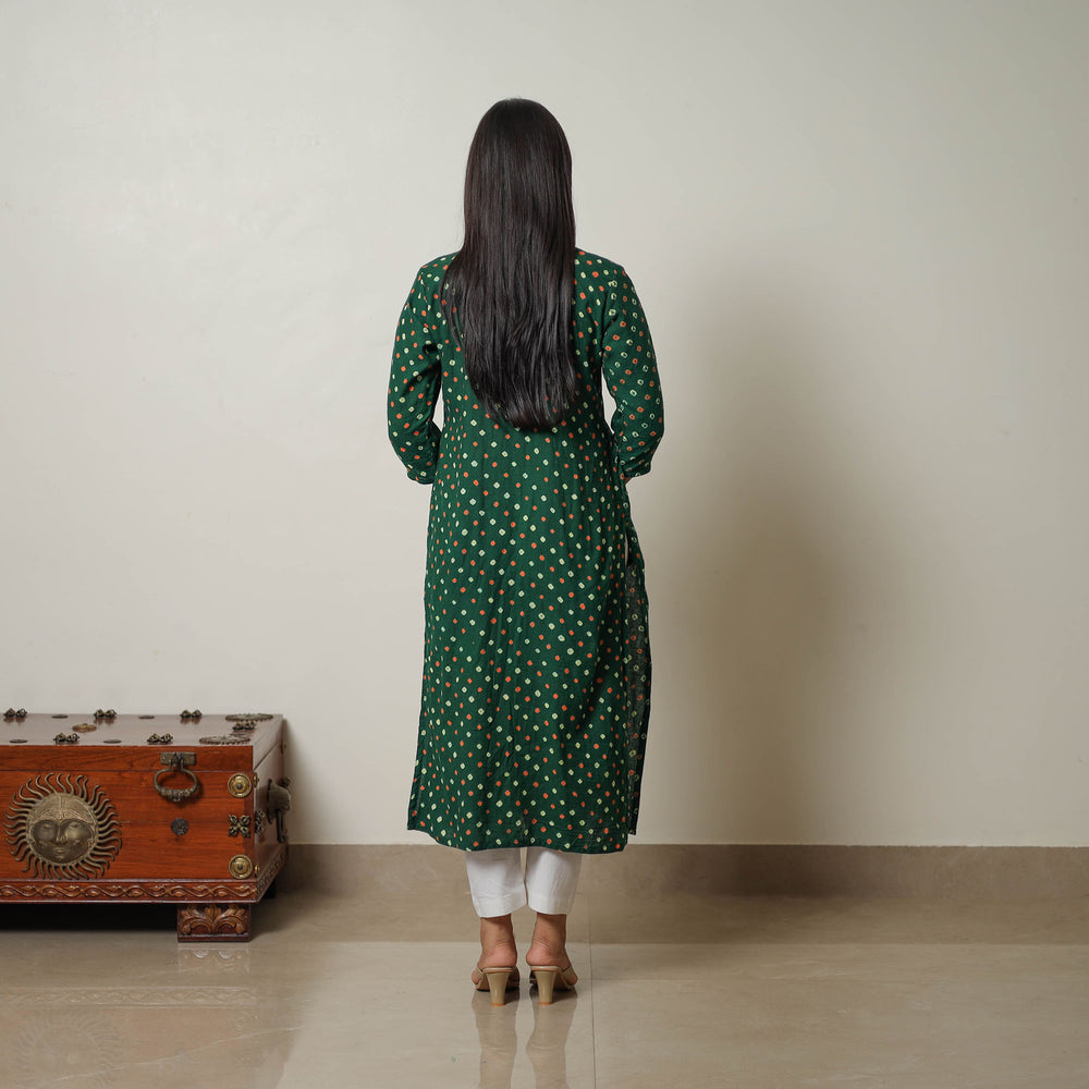 Green - Tie & dye Cotton Straight Bandhani Kurta 01